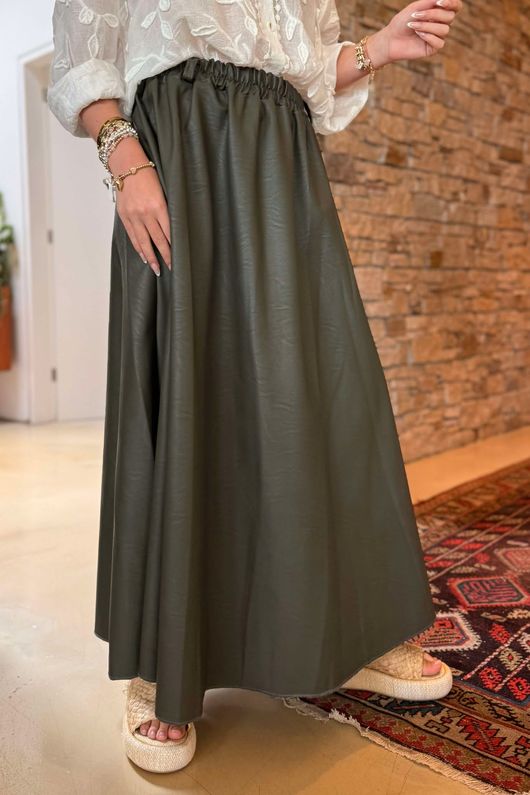 Made in Italy Runa Leather Look Skirt Khaki